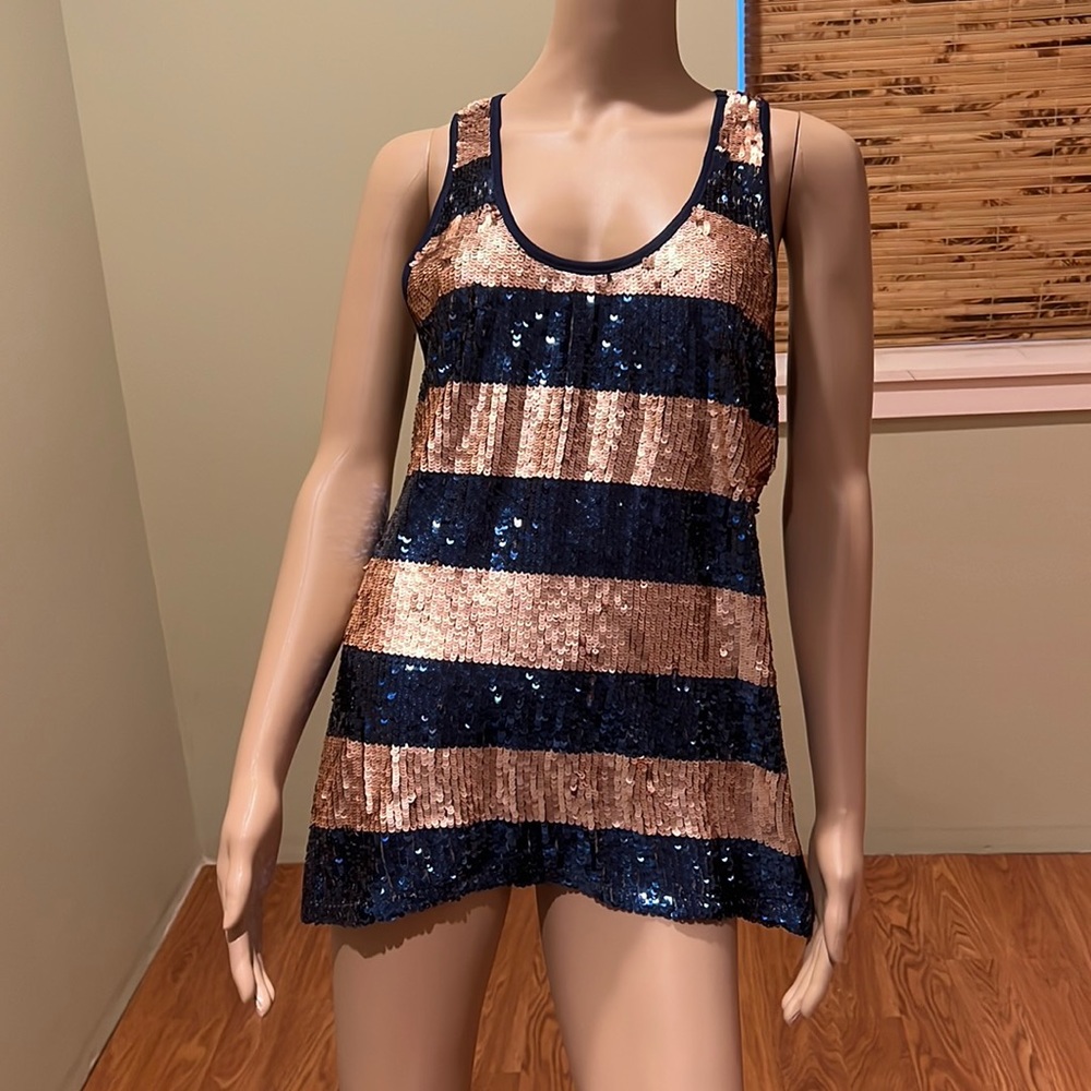 Boston Proper Blue And Copper Stripe Sequin Racerback Style Tank Top Size